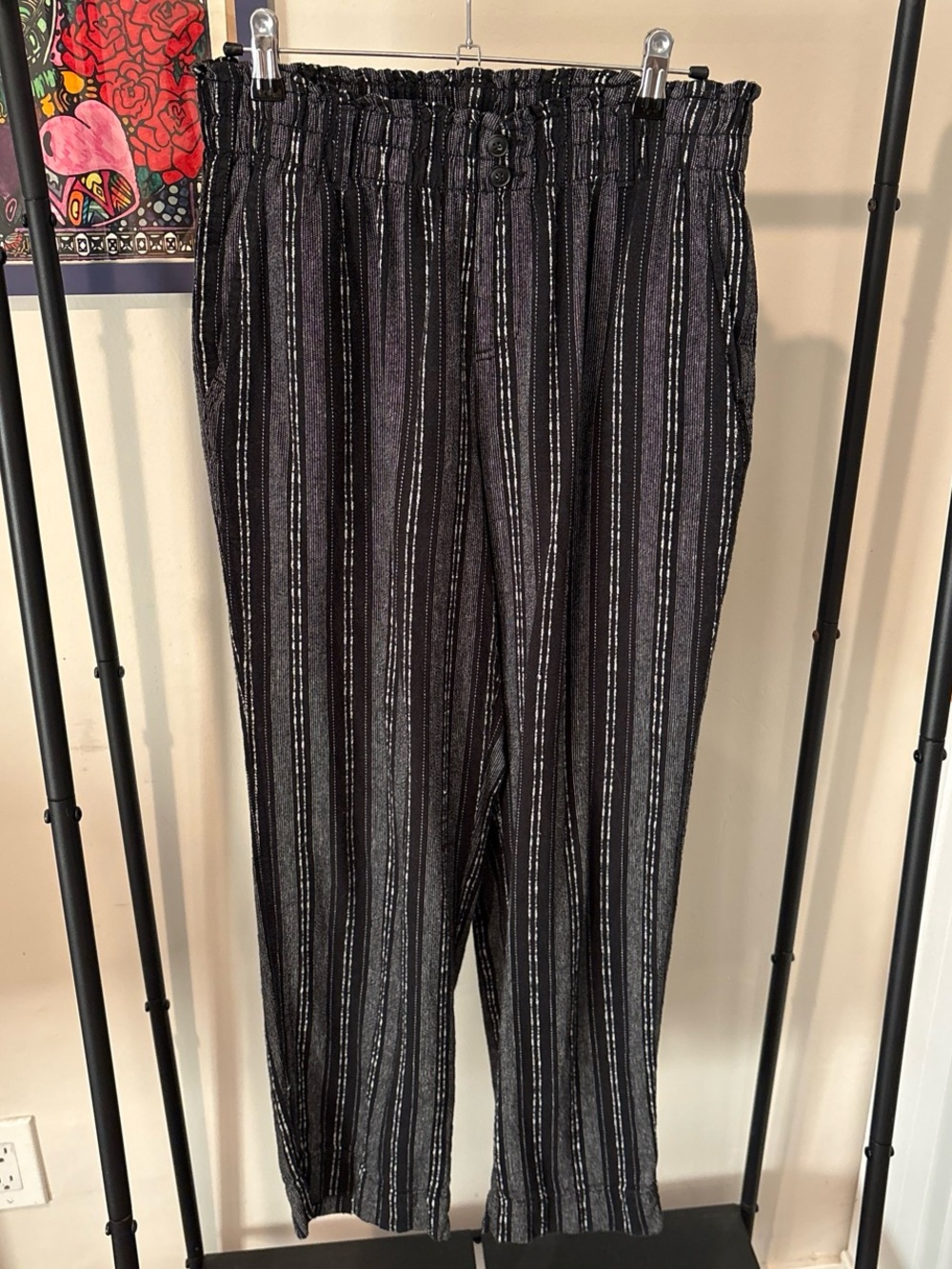 Black & Gray Striped Elastic Waist Pants